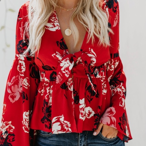 Vici Tops - NWOT [Vici] Red Floral Blouse with Bell Sleeve